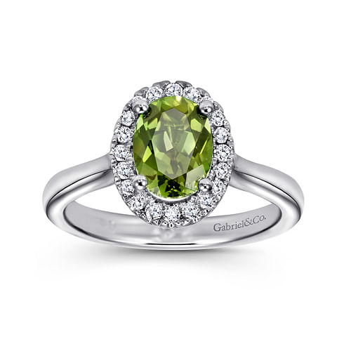 14K White Gold Classic Oval Peridot and Diamond Halo Ring