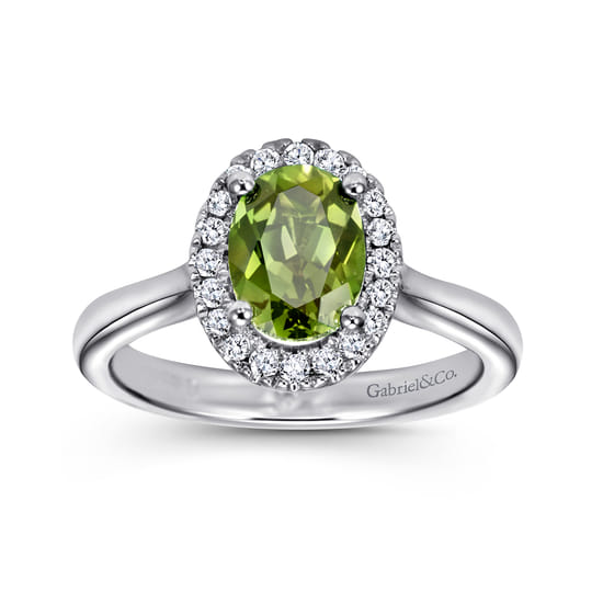 14K White Gold Classic Oval Peridot and Diamond Halo Ring angle 4