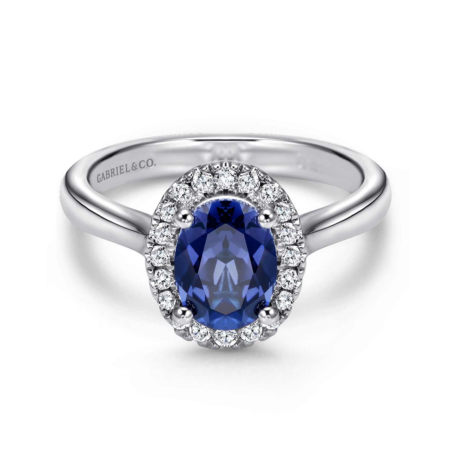 Gabriel - 14K White Gold Classic Oval Sapphire and Diamond Halo Ring