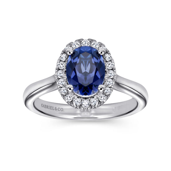 14K White Gold Classic Oval Sapphire and Diamond Halo Ring angle 4