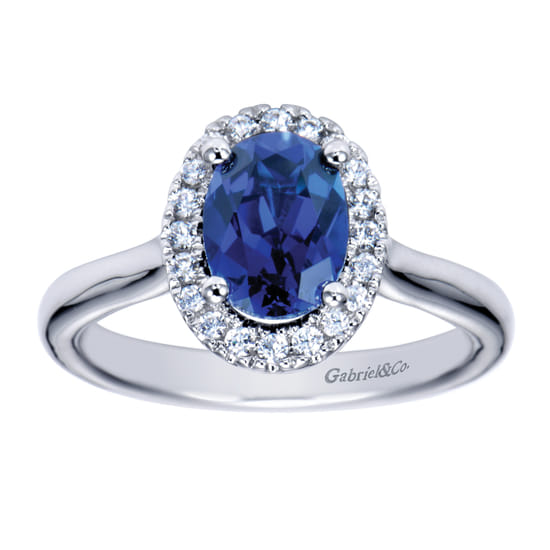 14K White Gold Classic Oval Sapphire and Diamond Halo Ring angle 5