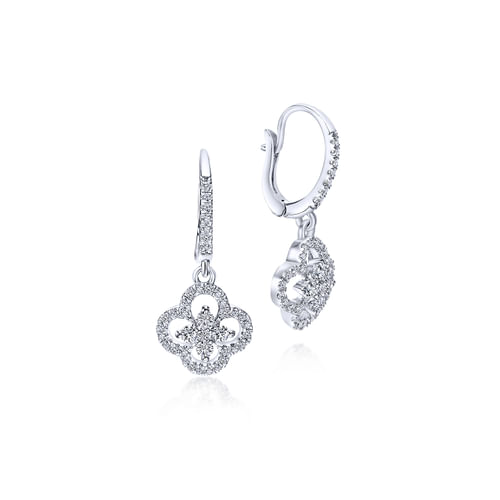 14K White Gold Clover Cutout Diamond Drop Earrings