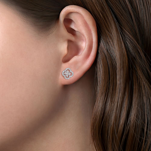 14K White Gold Clover Cutout Diamond Stud Earrings