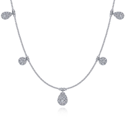 14K White Gold Cluster Diamond Station Necklace