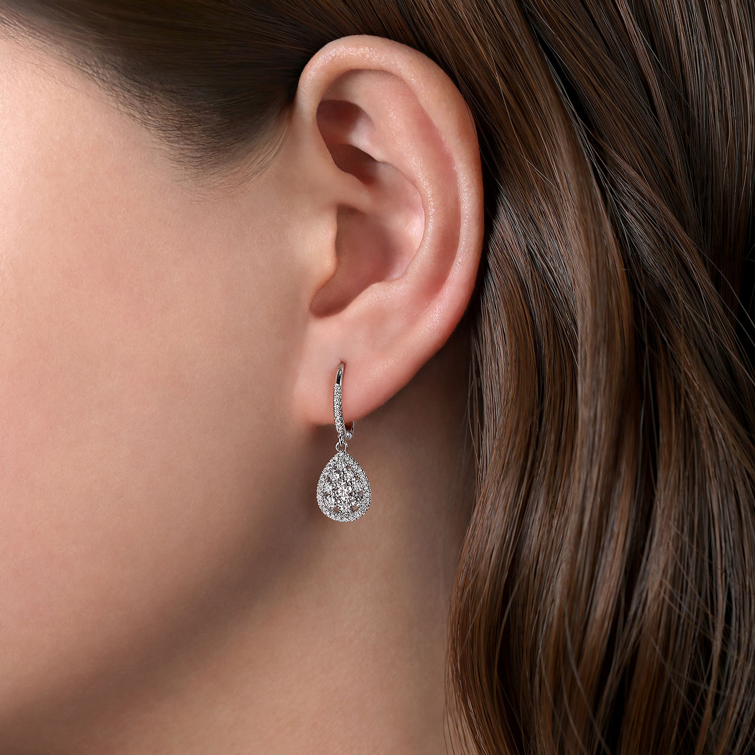 14K White Gold Cluster Diamond Teardrop Earrings