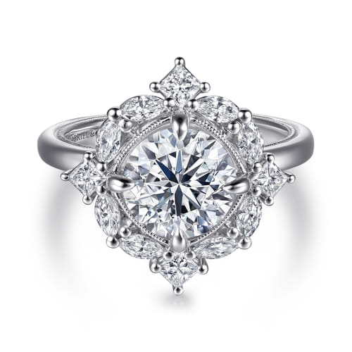 14K White Gold Compass Prong Round Halo Diamond Engagement Ring