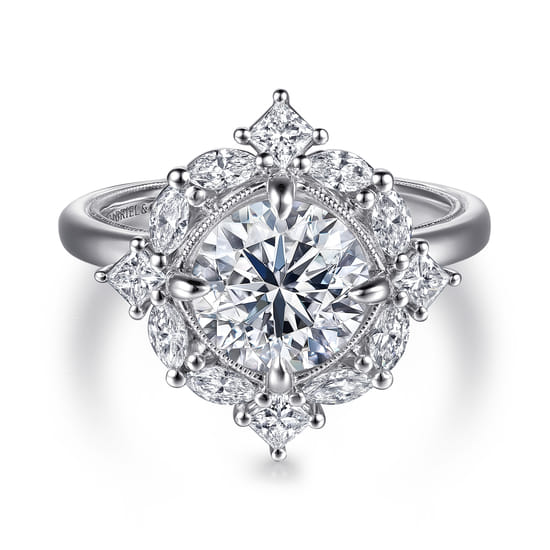 Gabriel - 14K White Gold Compass Prong Round Halo Diamond Engagement Ring