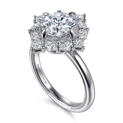 14K White Gold Compass Prong Round Halo Diamond Engagement Ring