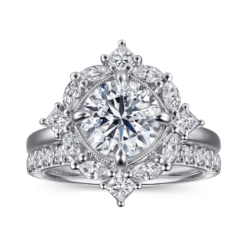 14K White Gold Compass Prong Round Halo Diamond Engagement Ring