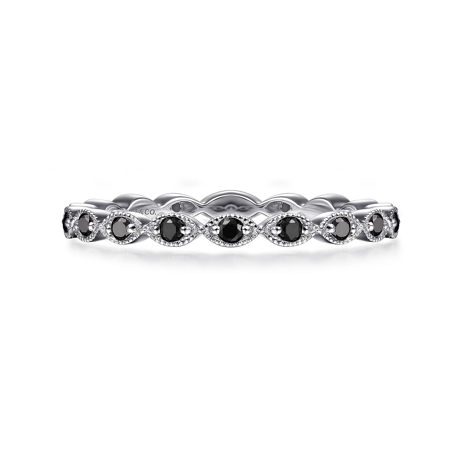 14K White Gold Contoured Marquise Station Black Diamond Stackable Ring