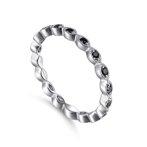 14K White Gold Contoured Marquise Station Black Diamond Stackable Ring