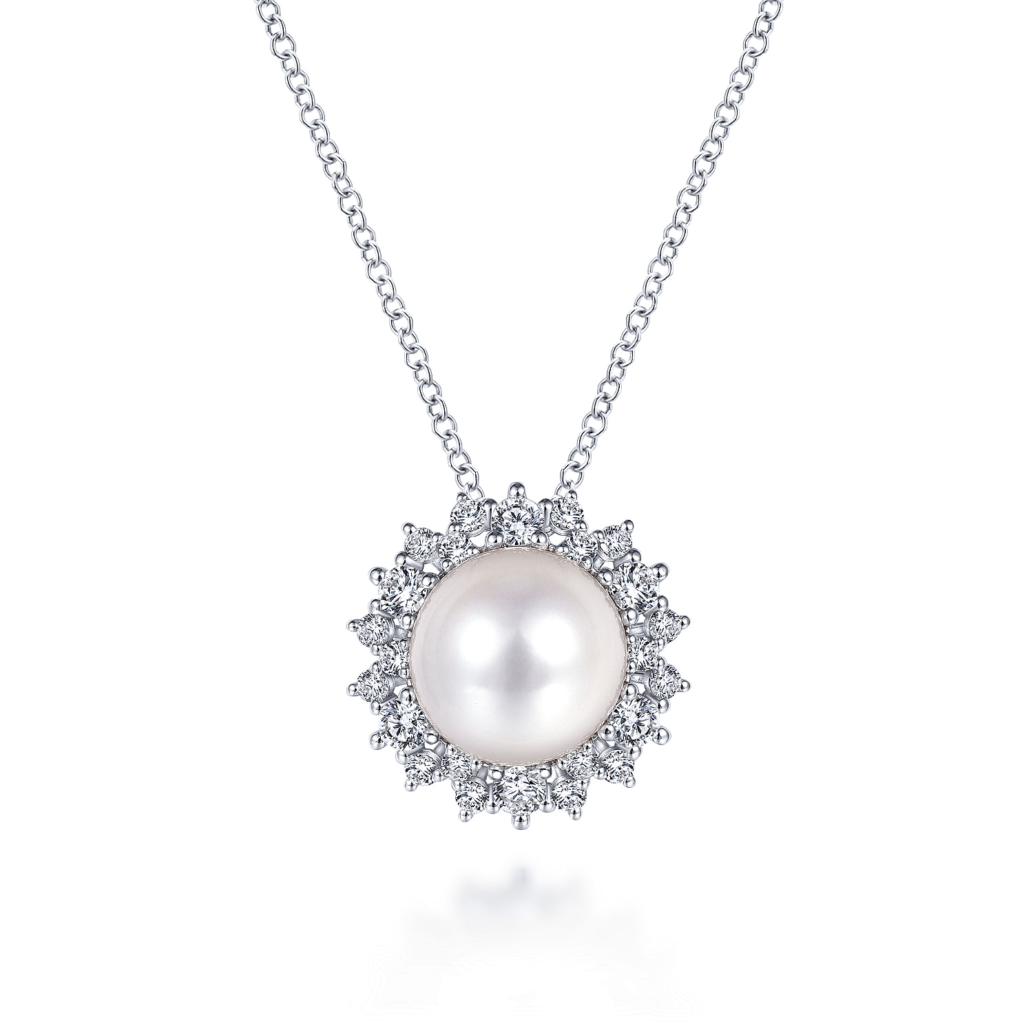 14K White Gold Cultured Pearl Diamond Halo Pendant Necklace