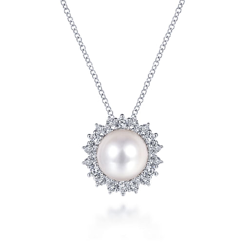 14K White Gold Cultured Pearl Diamond Halo Pendant Necklace