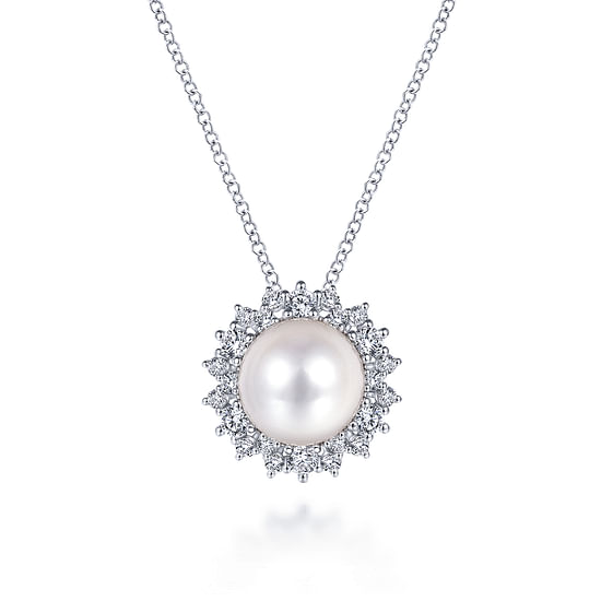 Gabriel - 14K White Gold Cultured Pearl Diamond Halo Pendant Necklace