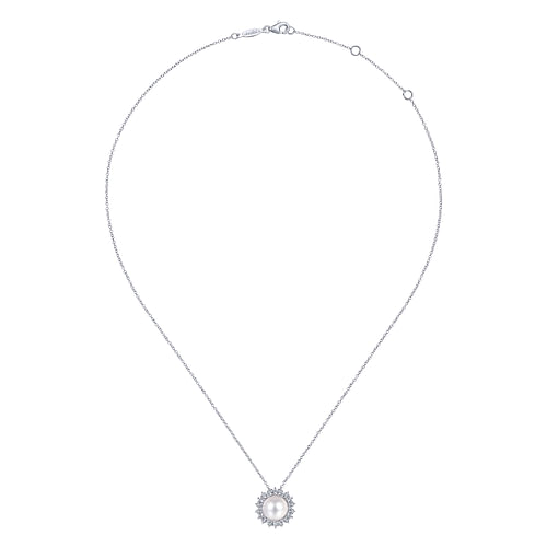 14K White Gold Cultured Pearl Diamond Halo Pendant Necklace