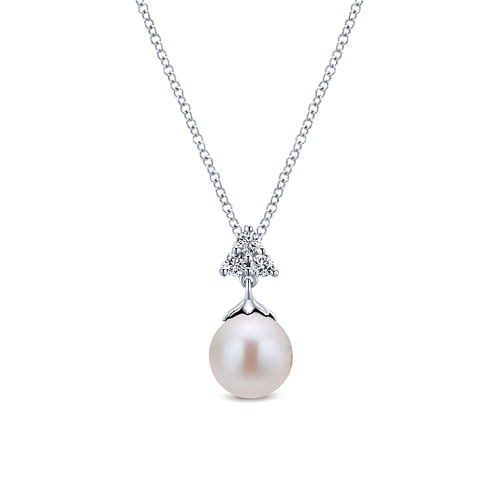 14K White Gold Cultured Pearl Drop Necklace with Diamond Accent