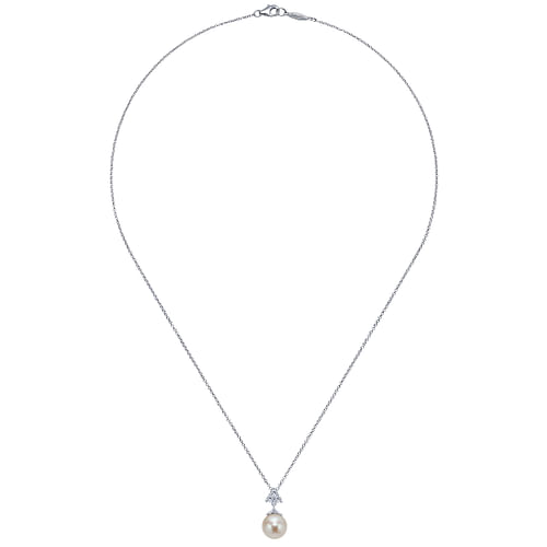 14K White Gold Cultured Pearl Drop Necklace with Diamond Accent