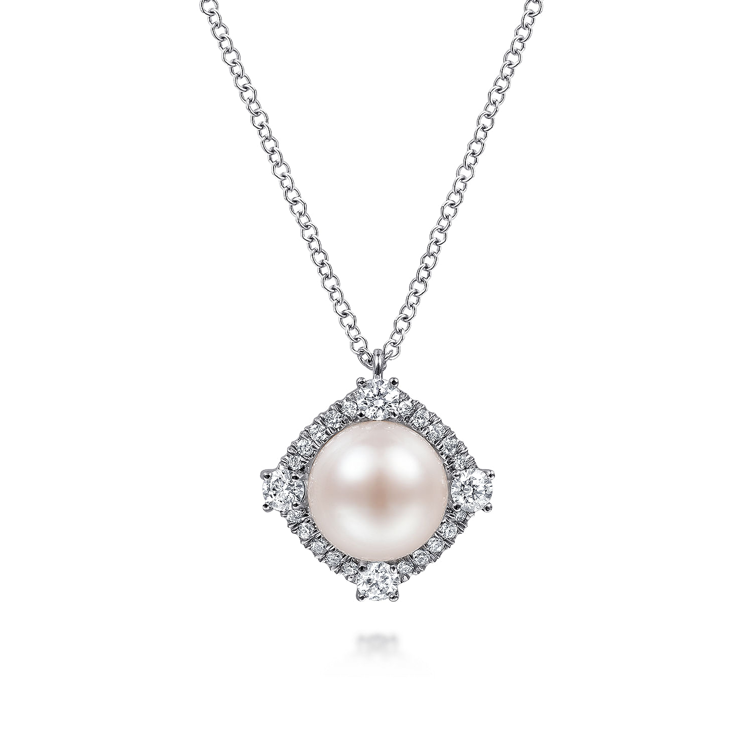 Gabriel - 14K White Gold Cultured Pearl Pendant Necklace with Diamond Halo