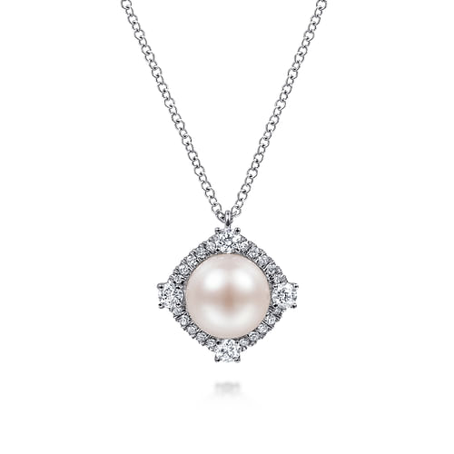 14K White Gold Cultured Pearl Pendant Necklace with Diamond Halo