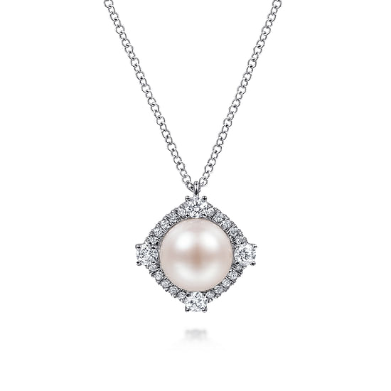 Gabriel - 14K White Gold Cultured Pearl Pendant Necklace with Diamond Halo