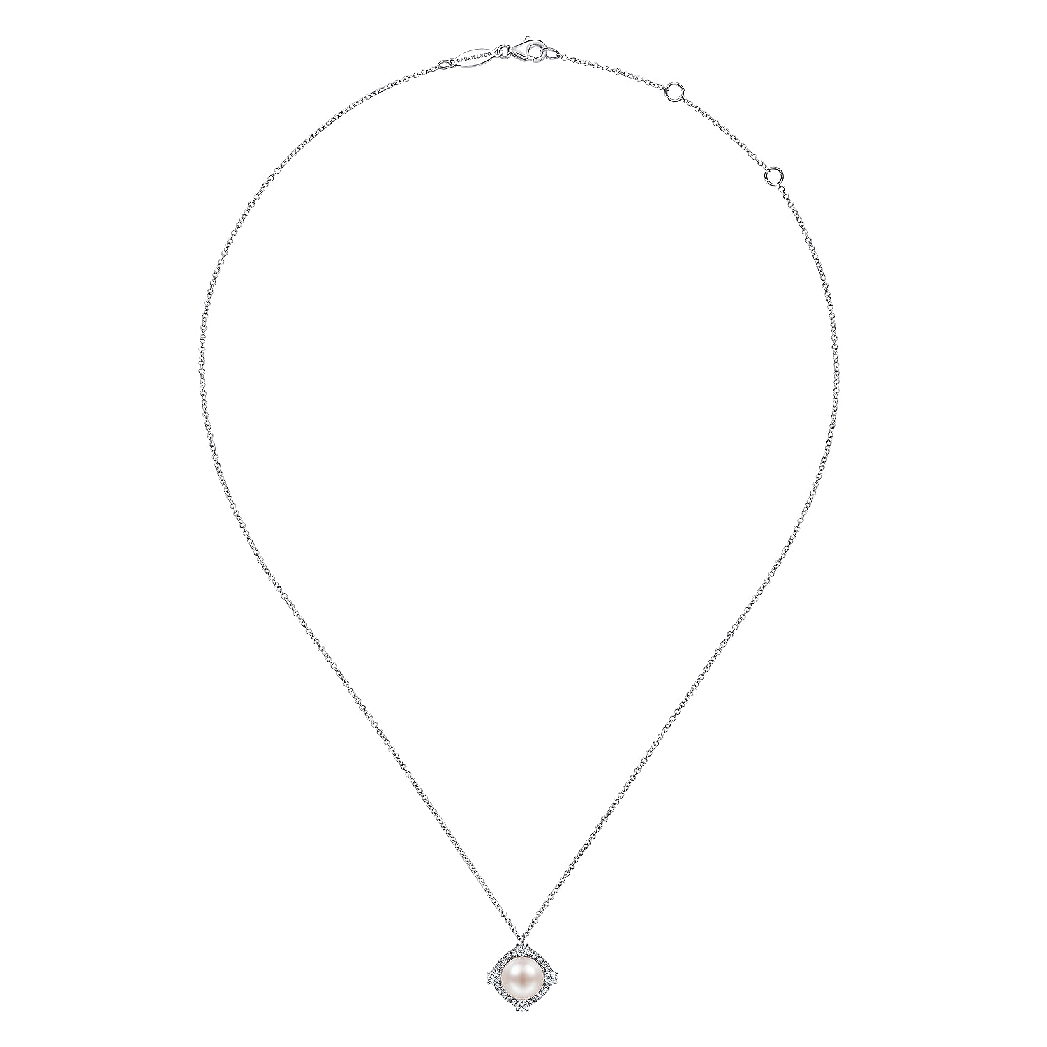 14K White Gold Cultured Pearl Pendant Necklace with Diamond Halo