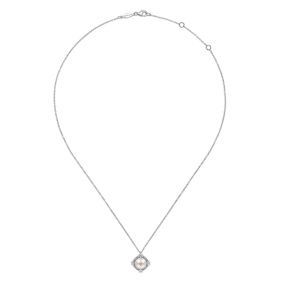 14K White Gold Cultured Pearl Pendant Necklace with Diamond Halo angle 2