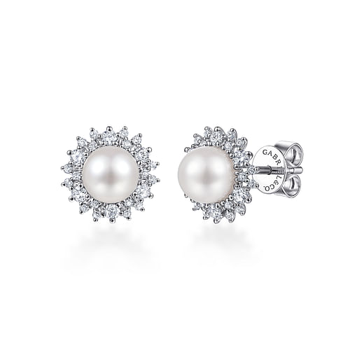 14K White Gold Cultured Pearl Scalloped Diamond Halo Stud Earrings