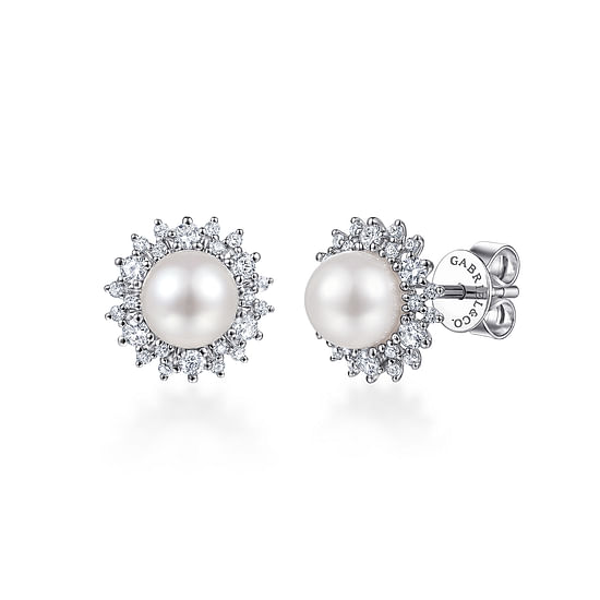 Gabriel - 14K White Gold Cultured Pearl Scalloped Diamond Halo Stud Earrings