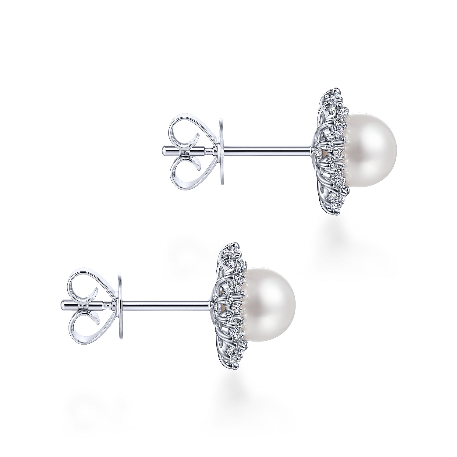 14K White Gold Cultured Pearl Scalloped Diamond Halo Stud Earrings