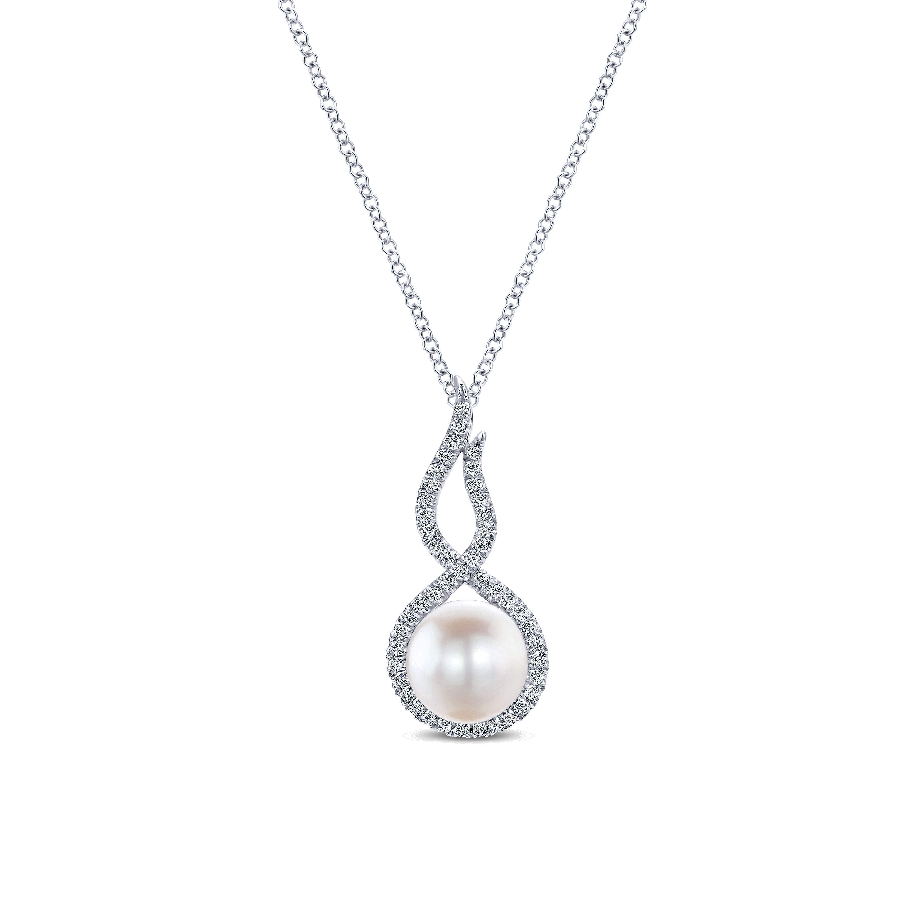 14K White Gold Cultured Pearl Twisted Diamond Halo Pendant Necklace