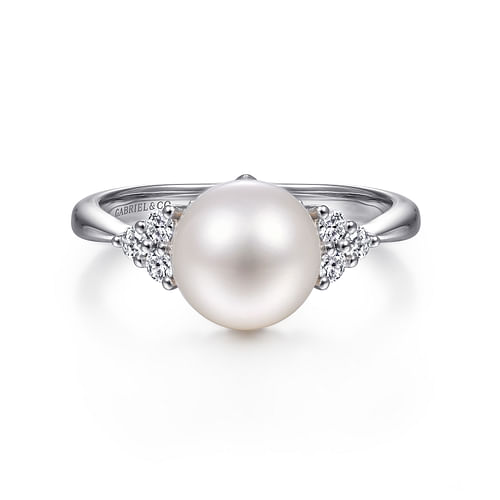 14K White Gold Cultured Pearl and Diamond Cluster Ring