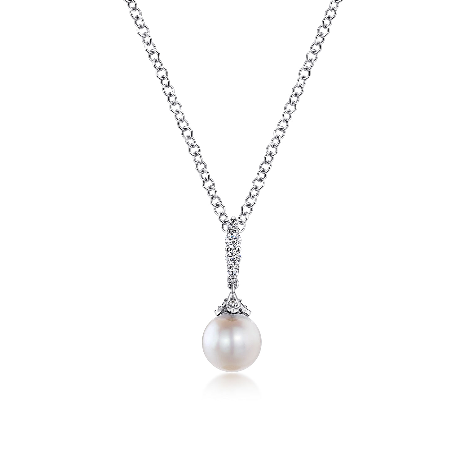 Gabriel - 14K White Gold Cultured Pearl and Diamond Drop Pendant Necklace