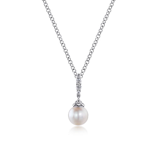 14K White Gold Cultured Pearl and Diamond Drop Pendant Necklace