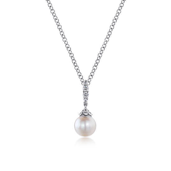 Gabriel - 14K White Gold Cultured Pearl and Diamond Drop Pendant Necklace