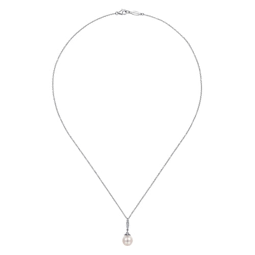 14K White Gold Cultured Pearl and Diamond Drop Pendant Necklace