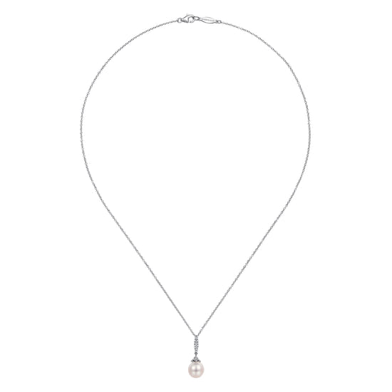 14K White Gold Cultured Pearl and Diamond Drop Pendant Necklace angle 2