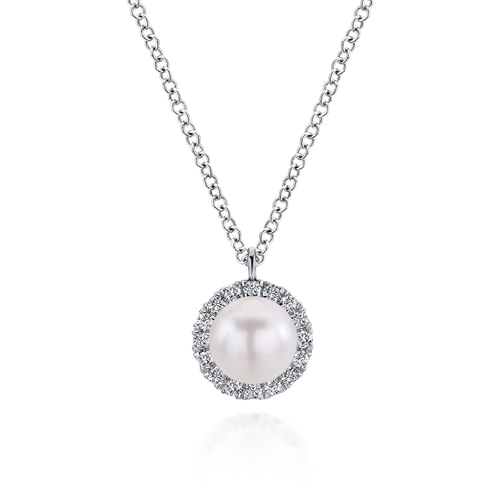 14K White Gold Cultured Pearl and Diamond Halo Pendant Necklace