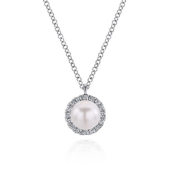 Gabriel - 14K White Gold Cultured Pearl and Diamond Halo Pendant Necklace