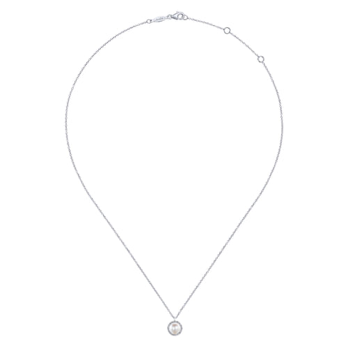 14K White Gold Cultured Pearl and Diamond Halo Pendant Necklace