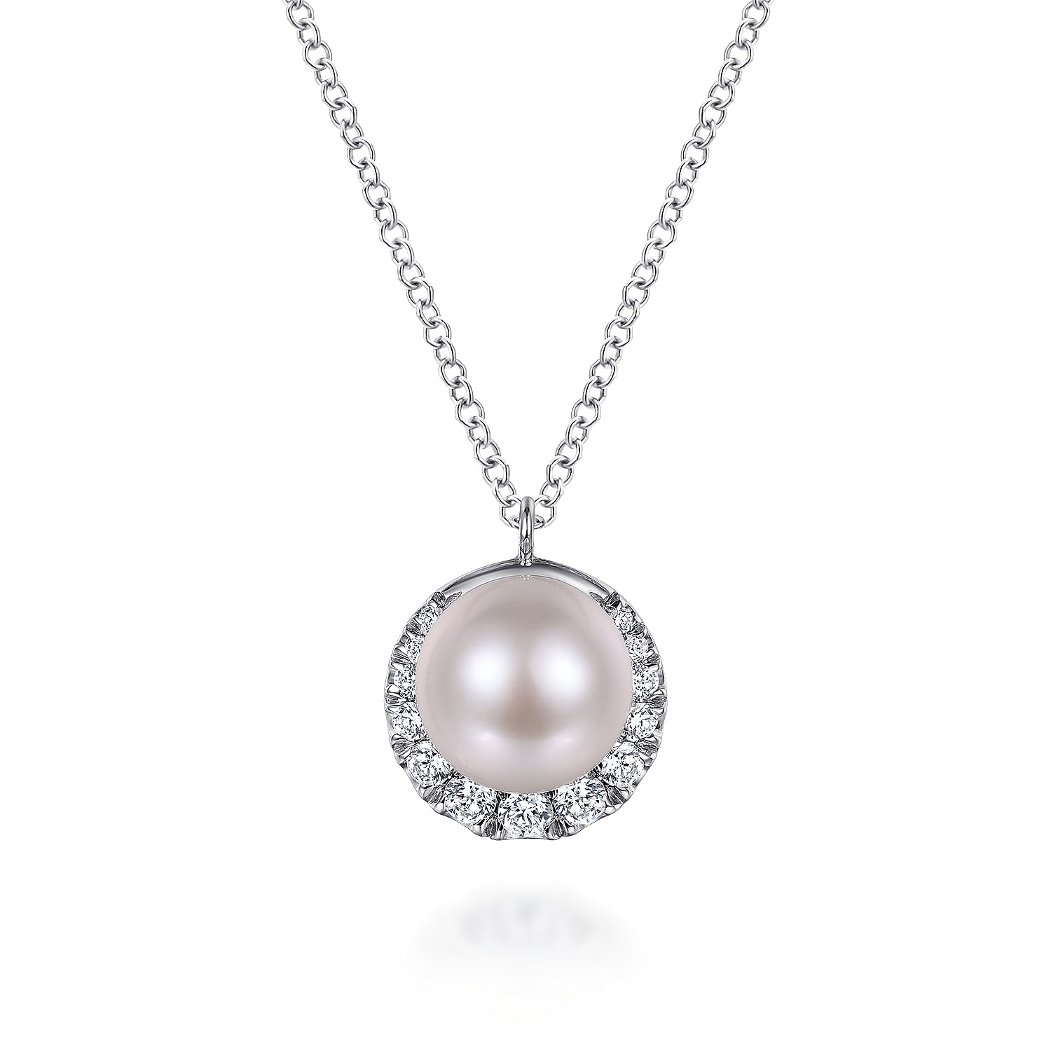 Gabriel - 14K White Gold Cultured Pearl and Diamond Halo Pendant Necklace