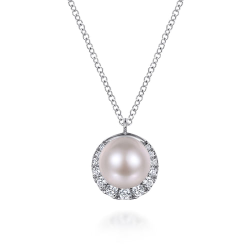 14K White Gold Cultured Pearl and Diamond Halo Pendant Necklace