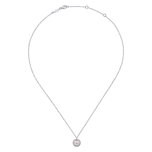 14K White Gold Cultured Pearl and Diamond Halo Pendant Necklace