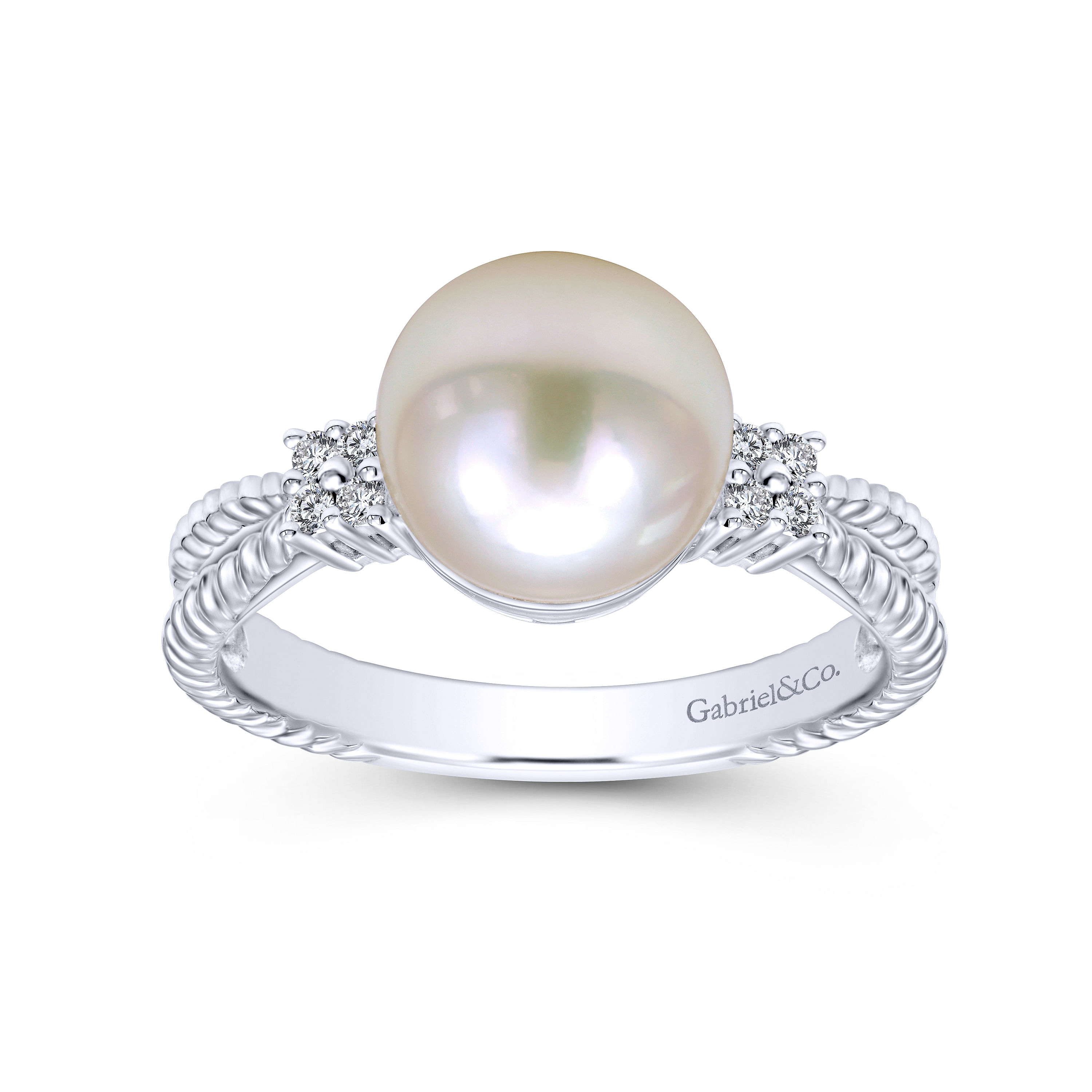 14K White Gold Cultured Pearl and Diamond Ring with Twisted Rope Shank