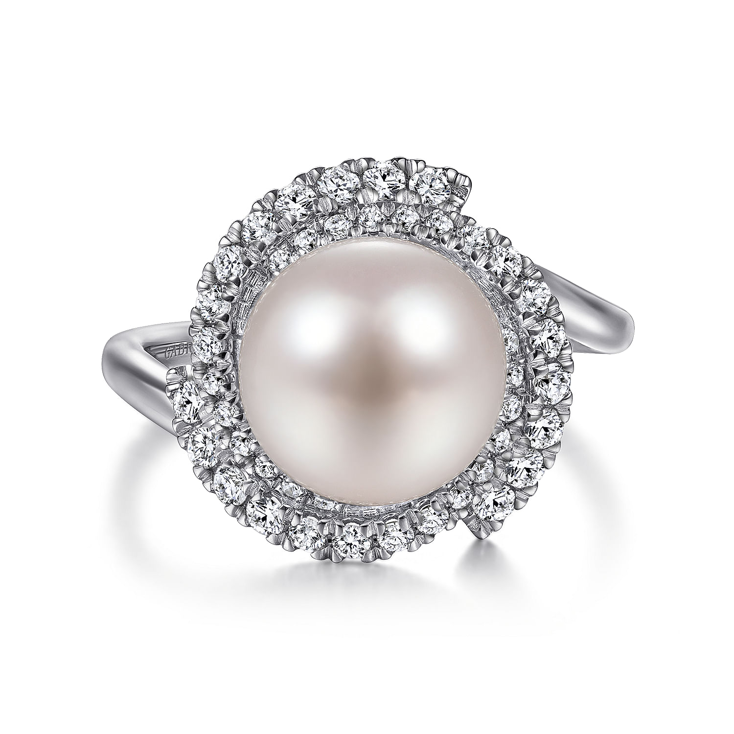14K White Gold Cultured Pearl and Swirling Diamond Halo Ring
