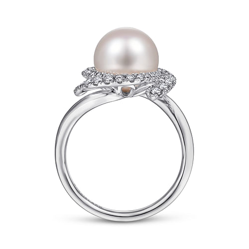 14K White Gold Cultured Pearl and Swirling Diamond Halo Ring