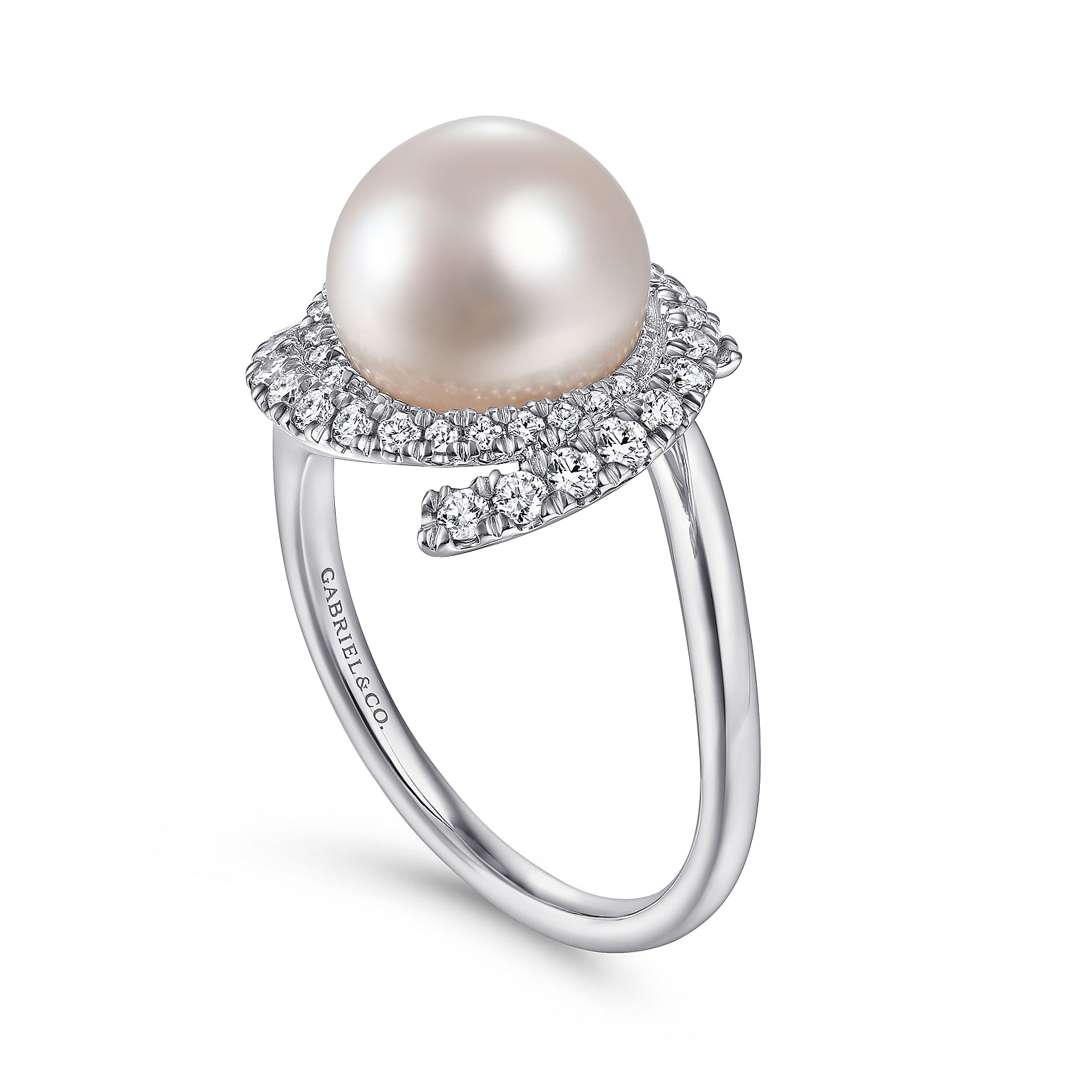 14K White Gold Cultured Pearl and Swirling Diamond Halo Ring