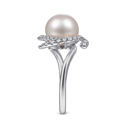 14K White Gold Cultured Pearl and Swirling Diamond Halo Ring