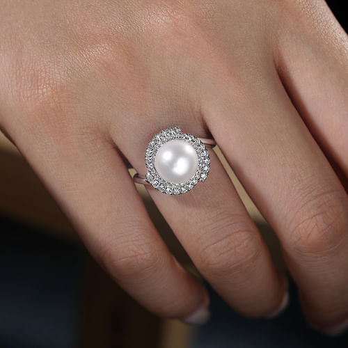 14K White Gold Cultured Pearl and Swirling Diamond Halo Ring