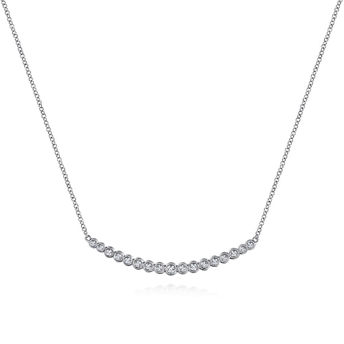 14K White Gold Curved Bar Necklace with Bezel Set Round Diamonds