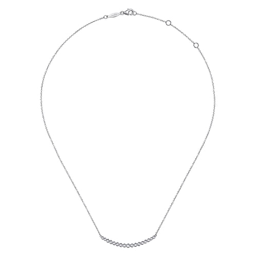 14K White Gold Curved Bar Necklace with Bezel Set Round Diamonds